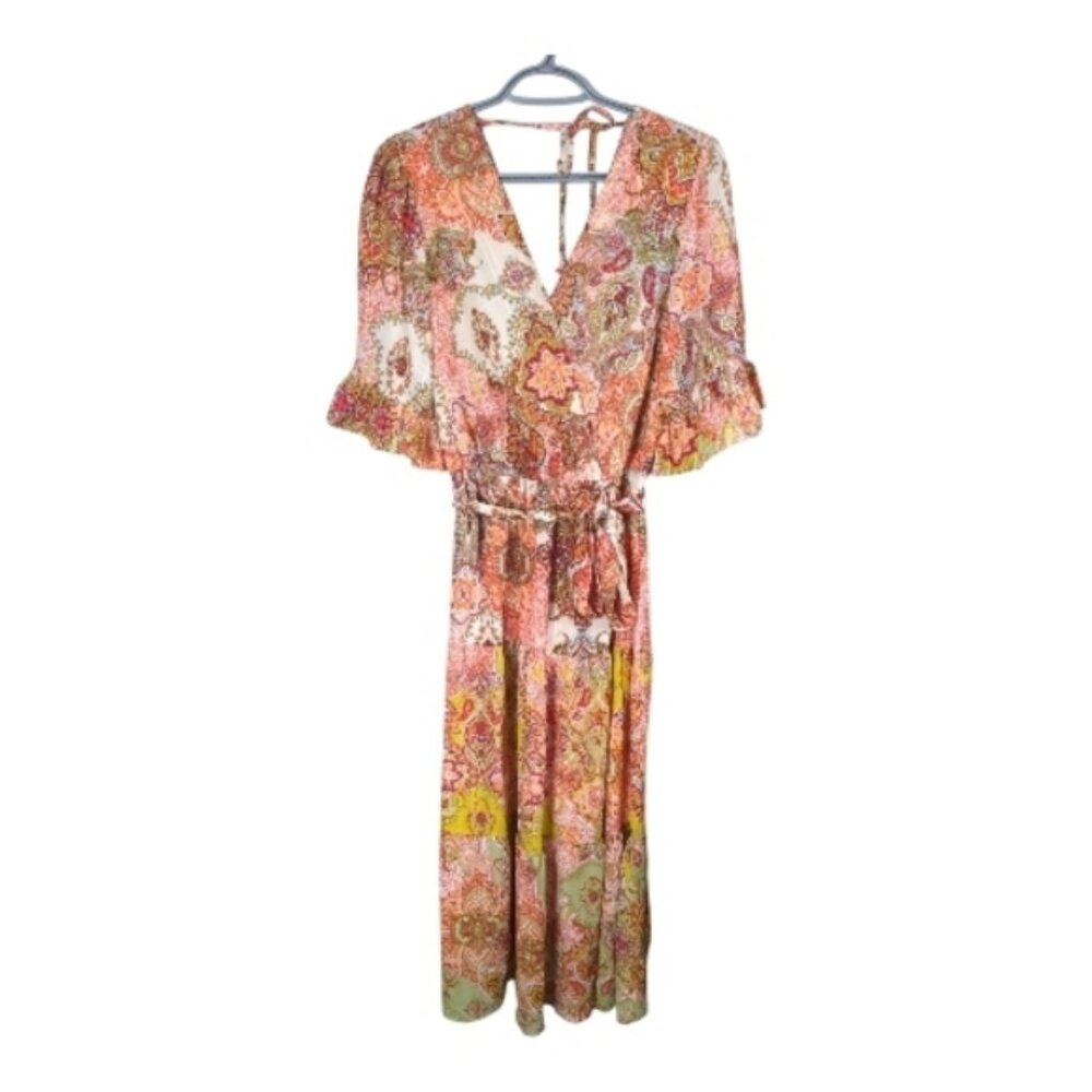 Figueroa & Flower Paisley Bell Sleeve Tiered Boho Maxi Dress V Neck Size‎ Small